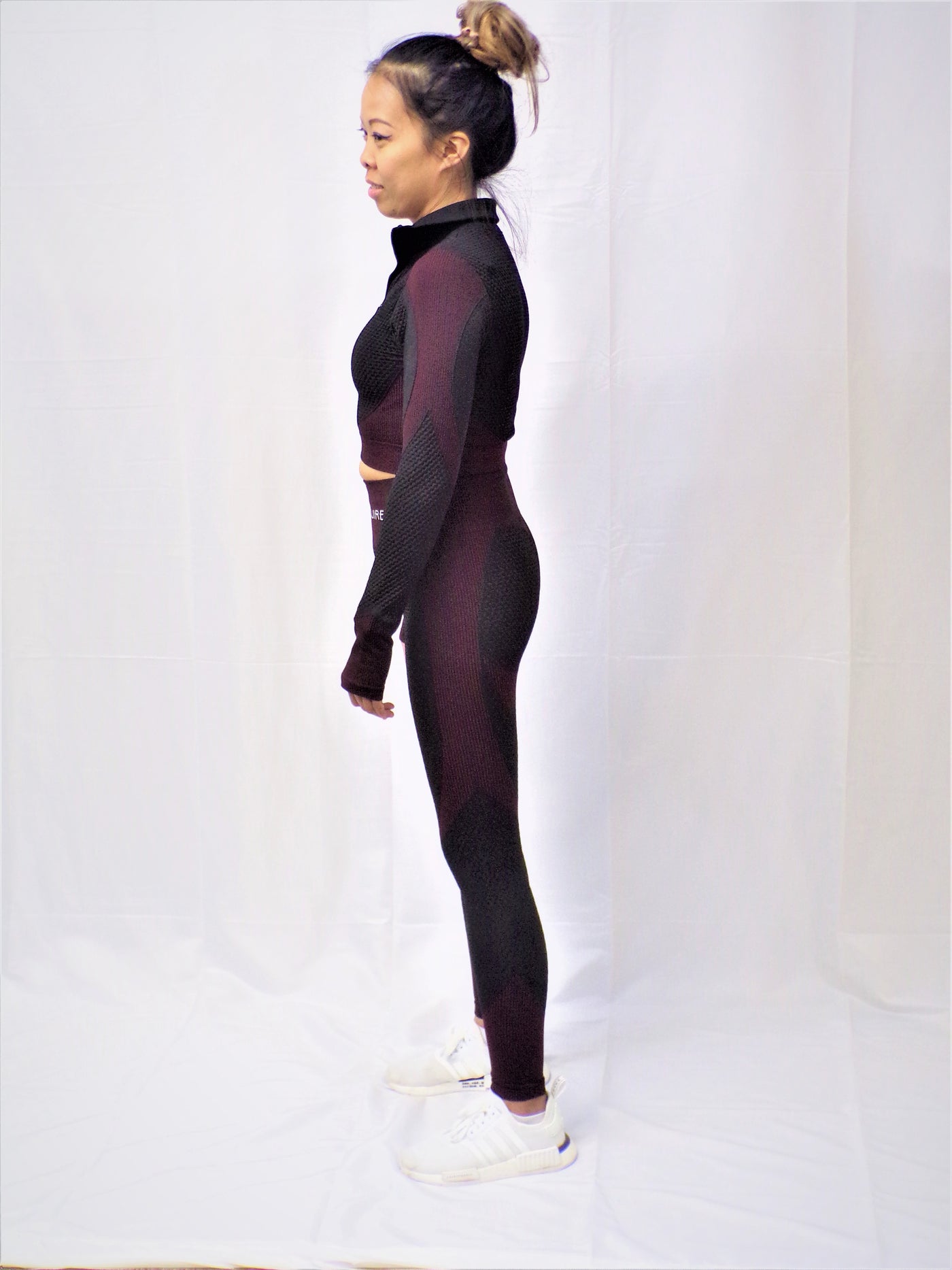 2 Pc - Cozy Black/Fuchsia Full-Length Yoga Suit Thumbhole Zip