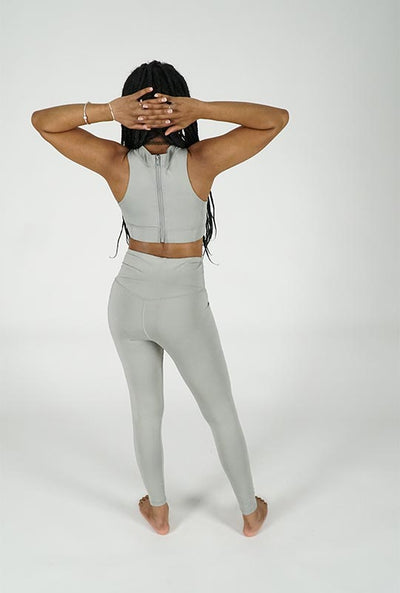 2 Pc - Elastic Gray High Waist Yogawear Set Crop Sleeveless
